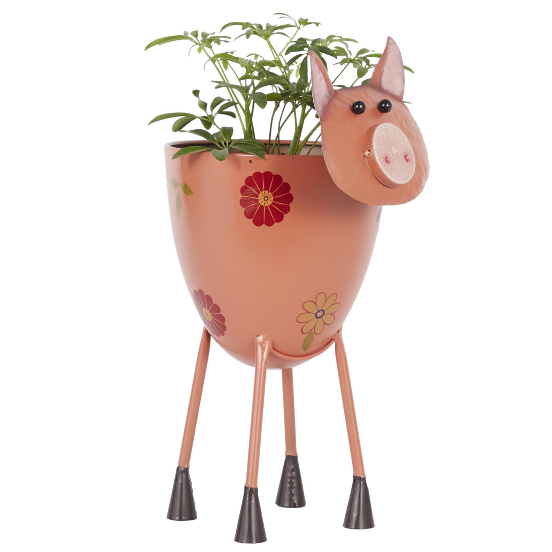 Beethoven 1 Piece Metal Pig Indoor Outdoor Pink Planter with Floral Accents Gracie Oaks
