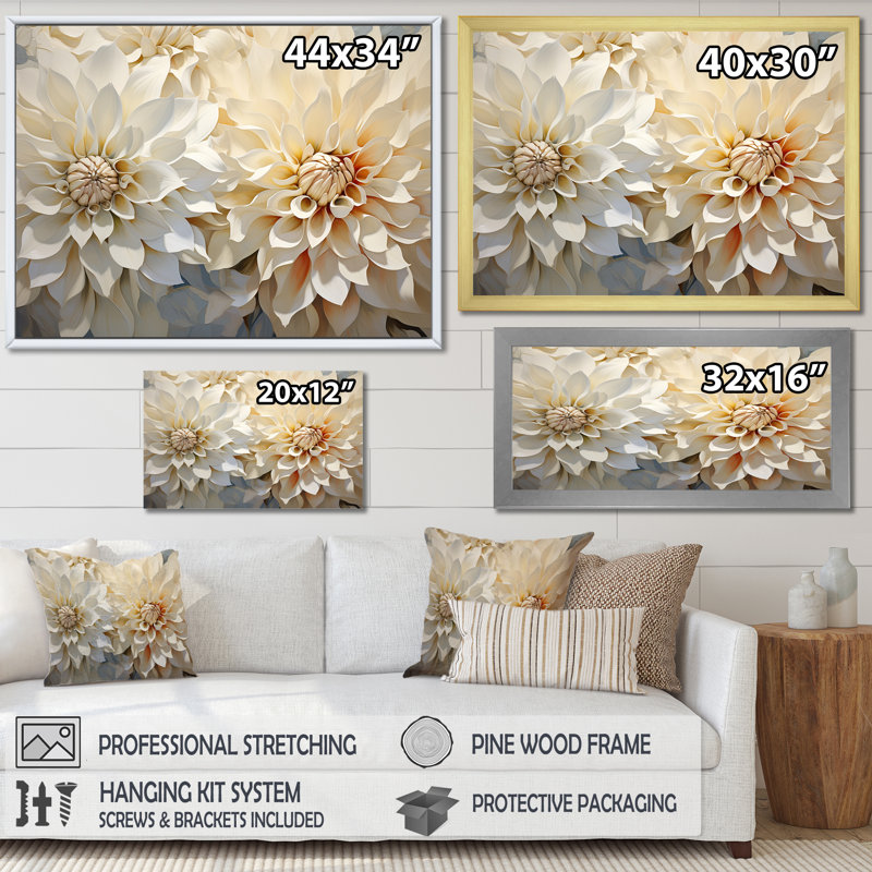 Dahlia blanc fleurs minimalistes, Cadre flottant noir, H 12 po x l 20 po x P 1 po