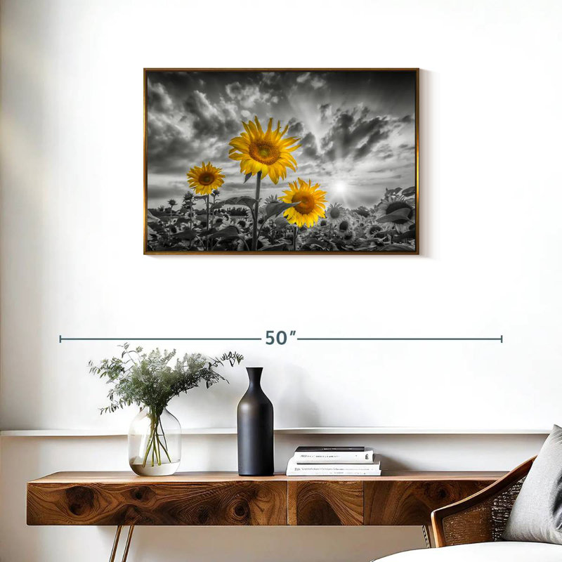 Tournesols de couleur jaune coucher de soleil, Cadre flottant doré, 31 po x 21 po