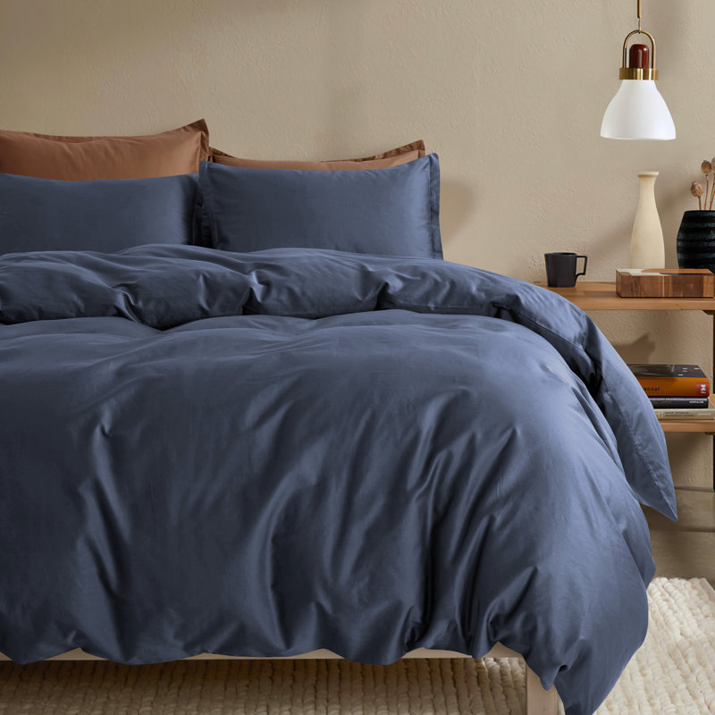 400TC Long Staple Cotton Sateen Weave Duvet Cover Set, Queen Duvet Cover + 2 Queen Shams, Blue