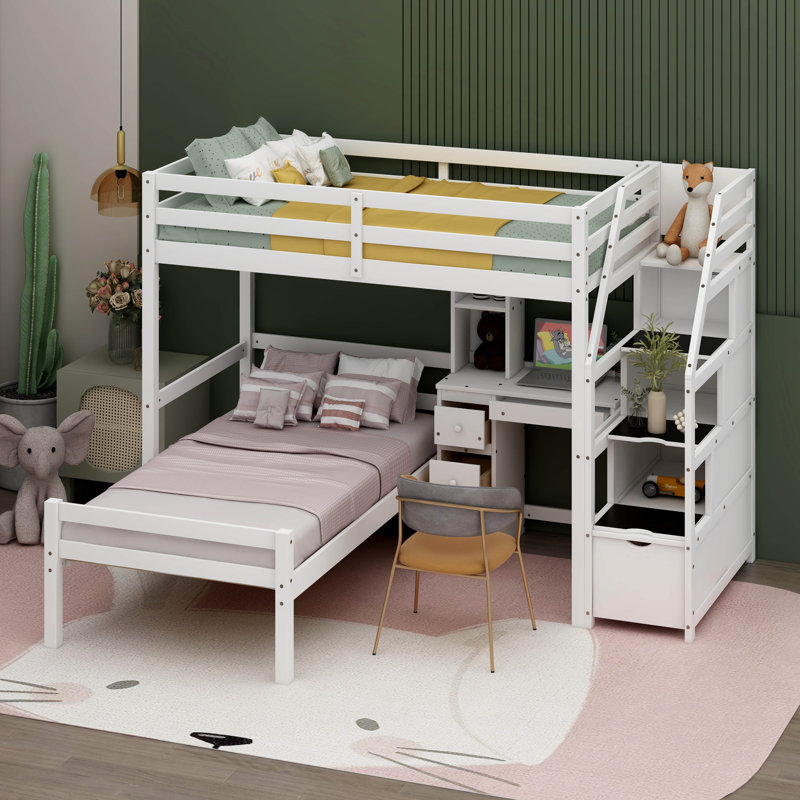 Lit mezzanine simple avec tiroirs Pervin Kids, Blanc