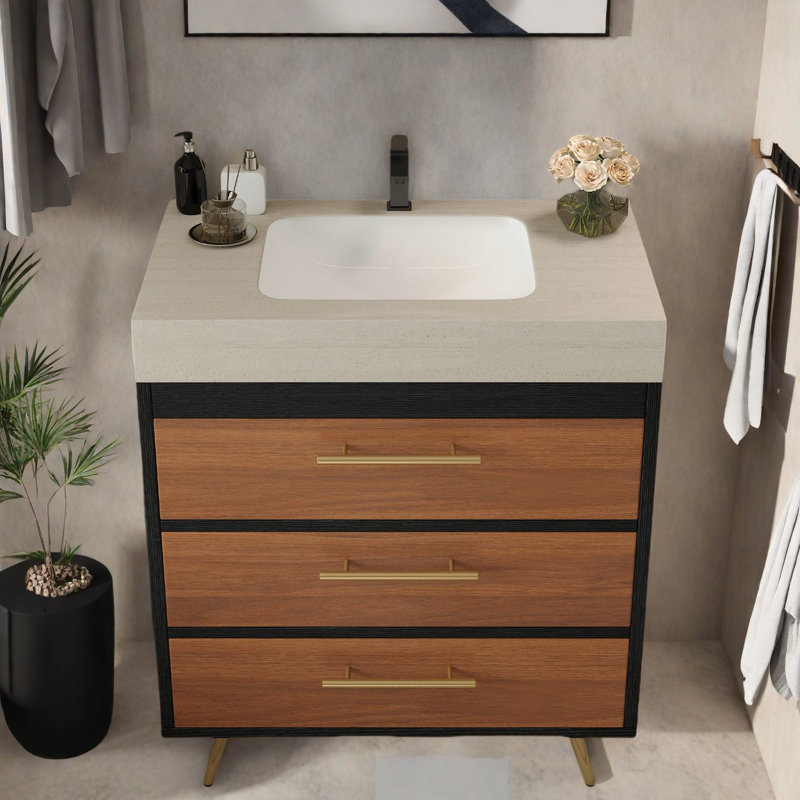 Meuble-lavabo moderne avec lavabo en céramique et plateau en pierre frittée pour salles de bain élégantes