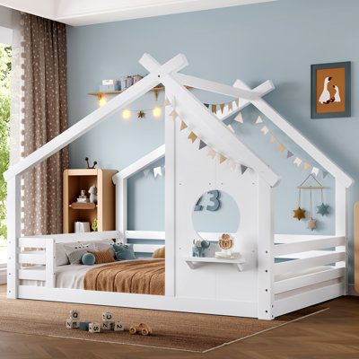 Lit de maison avec fenêtre et petite tablette, lit de plancher avec toit en forme de maison, sans sommier