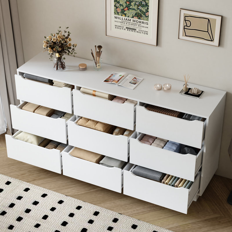 Commode 9 tiroirs en bois avec tiroirs profonds - Commode blanche moderne pour chambre à coucher et garde-robe | Idée de cadeau