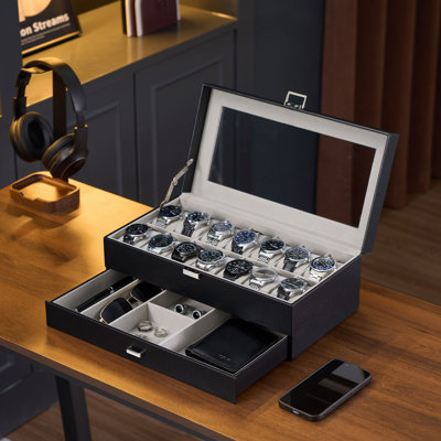 Boîte à montre avec couvercle en verre et tiroir, support de rangement pour bijoux à 2 couches à 14 fentes