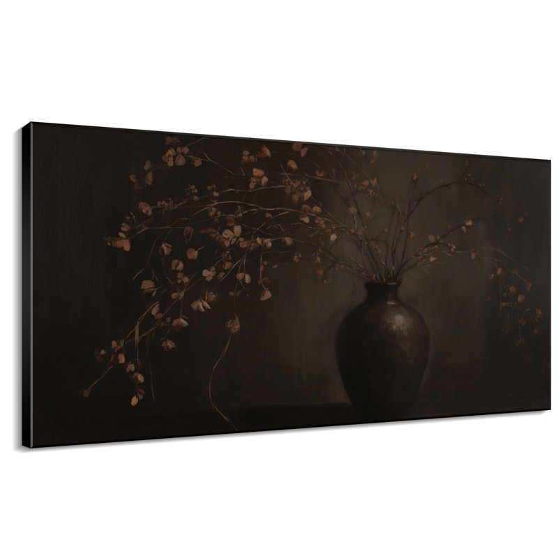 Très grand art mural imprimé sur toile - Nature morte botanique foncée avec vase brun et branches séchées, œuvre d'art pour le salon ou la chambre à coucher