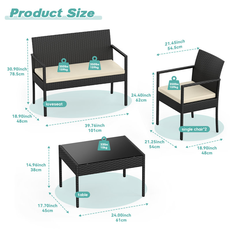 Wicker 350 - Person Garden Lounge Set with Cushions, Black