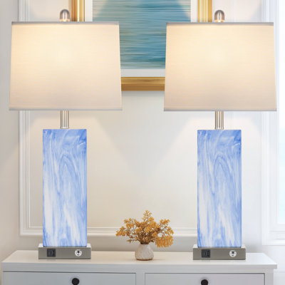 28" Coastal Blue Ceramic Dimmable Table Lamp With 3-way Touch Control, Usb & Type-c Ports