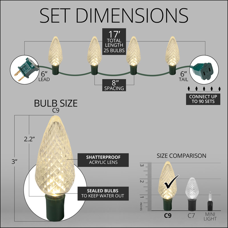 C9 LED Christmas String Light, Warm White, 17' L, 25