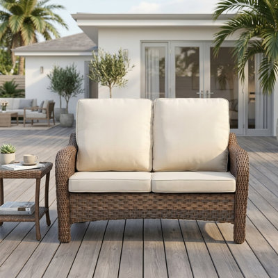 2-Seat Outdoor Sofa Set, 49.6" PE Wicker Rattan Outdoor Furniture Couch with Beige Cushions, All-Weather Patio Loveseat for Deck, Backyard, Garden