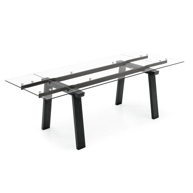 Levante Glass Extendable Table with Wooden Legs, 30"H x 55.13"L x 35.5"W, Clear, Black