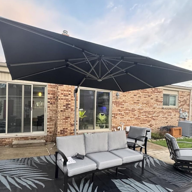Sarith 10' X 13' Patio Umbrella Outdoor Rectangle Umbrella Large Cantilever Umbrella，with Solar Lights，with Base, Gray
