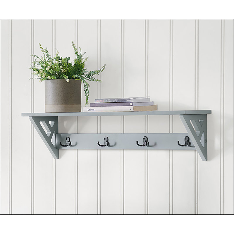 Lund 36" Wide Wooden Wall Mounted Coat Rack with 4 Hooks and 1 Shelf, Gray