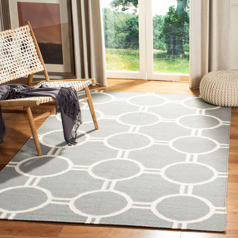 Tapis gris / ivoire en laine tissé à la main et à plat Rodgers, Rectangle 5 pi x 8 pi