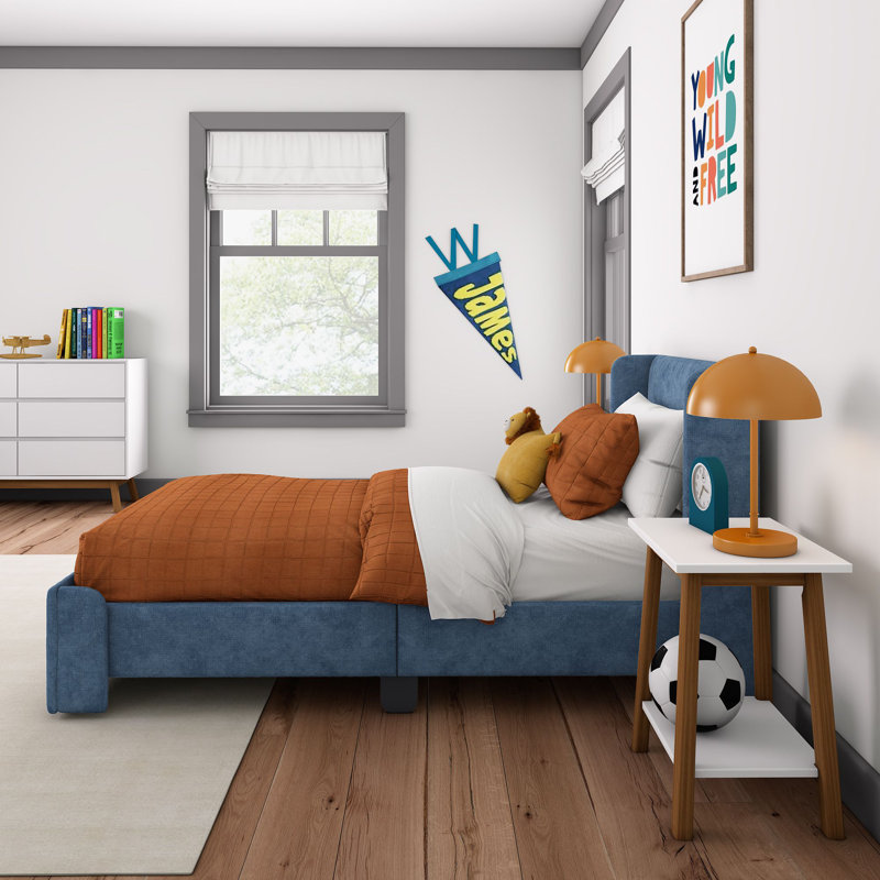 Solid Wood Upholstered Panel Bed with Rectangular Headboard, Blue, Twin