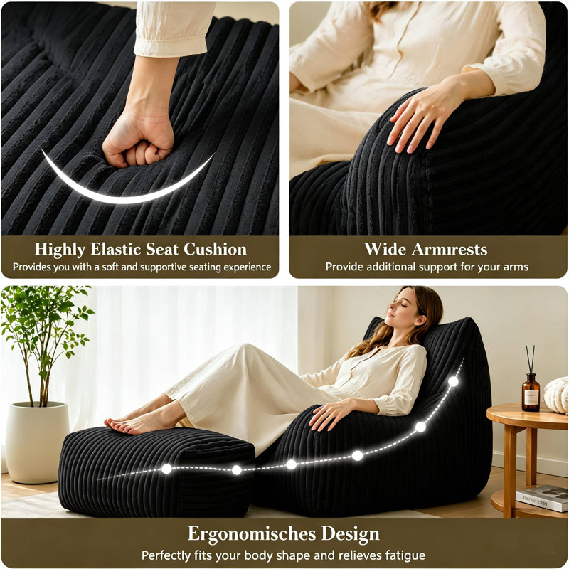 Large Corduroy Bean Bag Chair with Ottoman,Comfy Foam Filled Lazy Sofa For Adults, Black Cotton Blend
