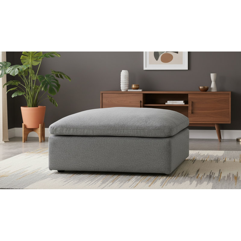 Sachel Upholstered Ottoman, Grey Linen Textured Fabric
