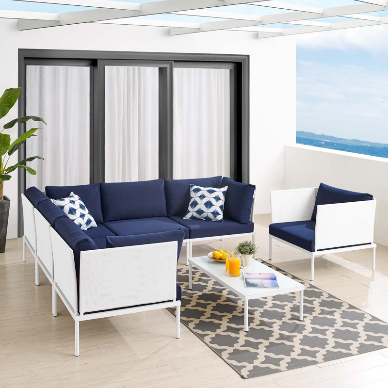 Ensemble de canapé modulaire d'extérieur en aluminium 7 pièces Harmony Sunbrella par Modway, Sunbrella® bleu marine