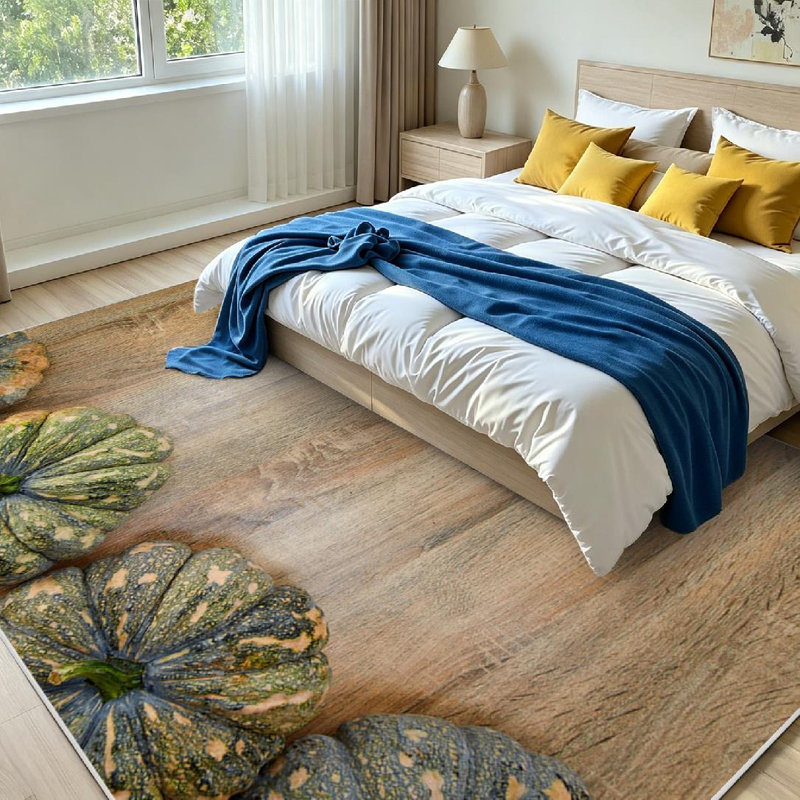 Tapis d'intérieur en bois jaune lavable à la machine, motif citrouille verte thaïlandaise., Rectangle 79 po x 118 po
