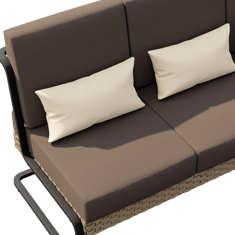 Aluminum & Wicker Outdoor Sofa With Cushions & Pillows, Brown, Black