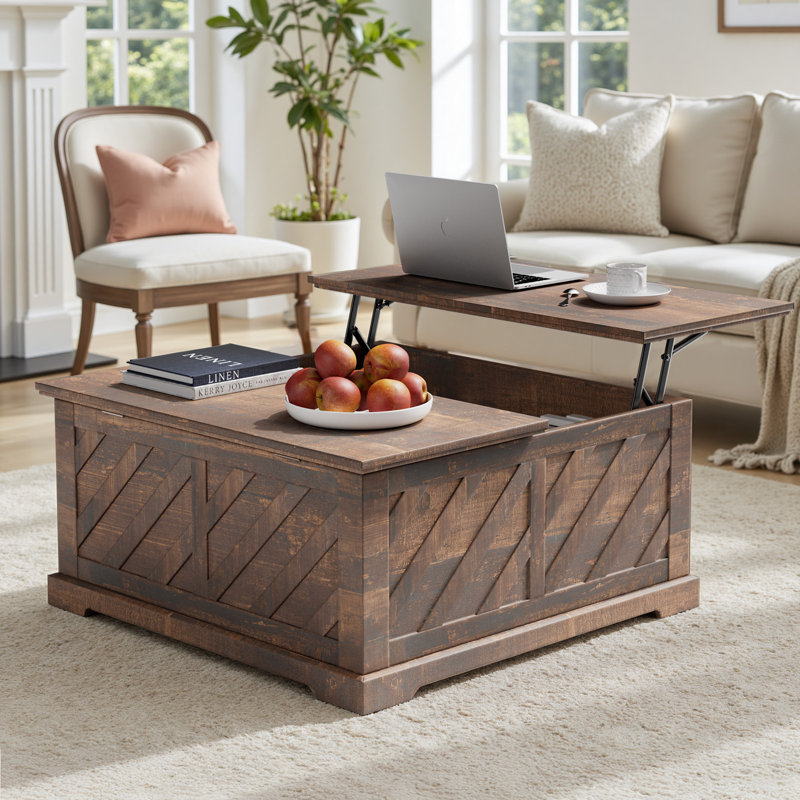 Table basse Nilla 35,5" style ferme avec plateau relevable et rangement intégré, table basse carrée convertible, table centrale, table basse de rangement pour salon, salle à manger et bureau, table centrale moderne en bois avec compartiment de rangement dissimulé pour petits espaces, appartement et bureau à domicile, table basse avec plateau relevable, table basse de style ferme
