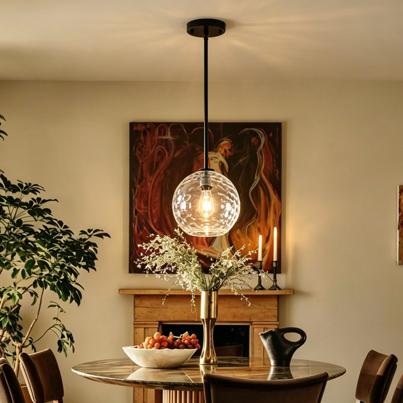 Vulpecula 1 - Light Glass Globe Pendant With Clear Hammered Glass, Matte Black