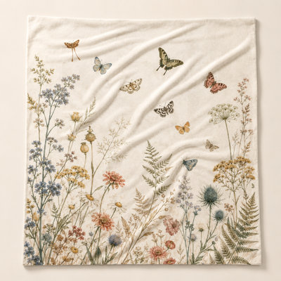 Vintage Wildflower Butterfly Throw Blanket, Cream Botanical Meadow with Ferns, Seed Pods and Muted Wings for Sofa, Bed and Reading Spaces at Home, 50 x 60 in