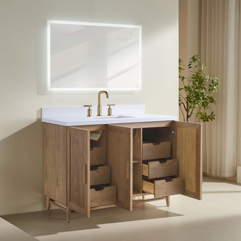 Meuble-lavabo autoportant entièrement assemblé avec comptoir en bois massif et bois d'ingénierie