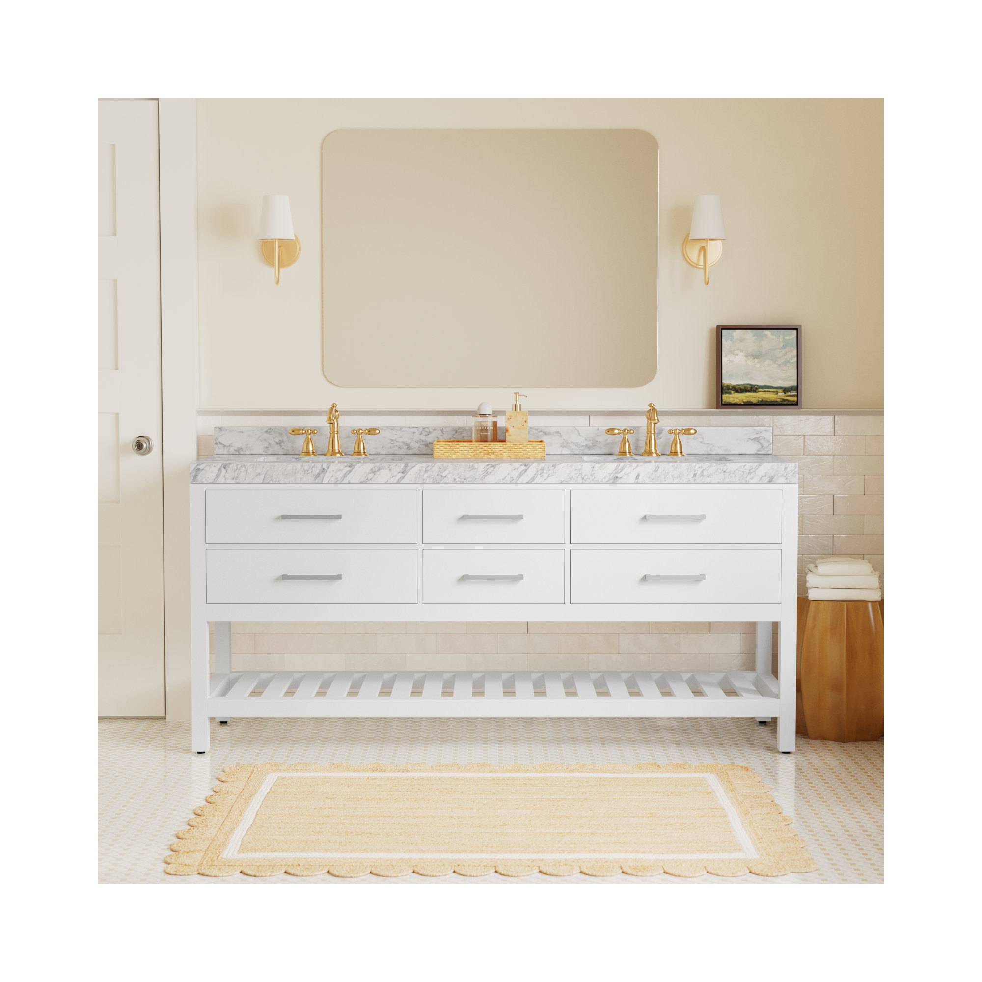 Carrie 72'' Double Bathroom Vanity, White| Brushed Nickel