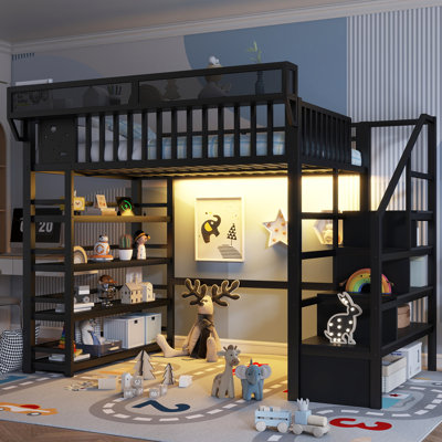 Full Loft Bed with 4 Shelf Storage Rack and Charging Station,Metal Full Loft Bed with Stairs Storage for Kids Teens, Patent Products,White