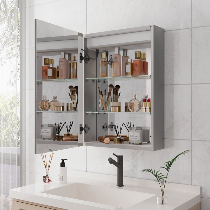 Pharmacie pour salle de bain à DEL 20 po x 28 po avec miroir, fixation murale, antibuée, imperméable, à intensité variable, tablettes de rangement | Idée de cadeau