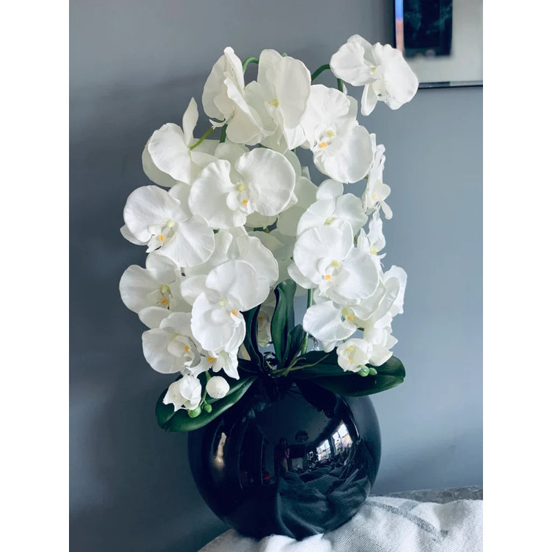 Faux White Orchids In Gloss Bowl, Black 
