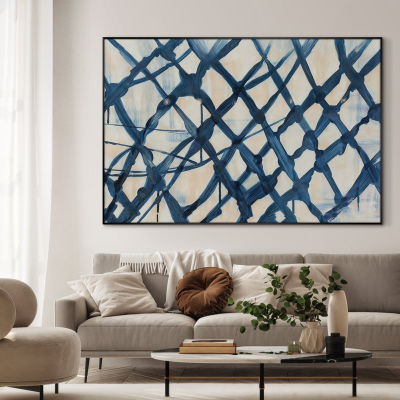 Extra Large Wall Art Fabric Print - Bold Navy Grid Abstract on Neutral Ground Artwork Decor for Living Room or Bedroom - "Frame Assembly Required (Unfinished Frame)"