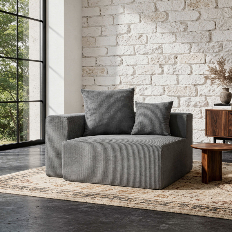 Méridienne rembourrée en velours côtelé avec coussin - entièrement comprimé, aucun assemblage requis, Gris