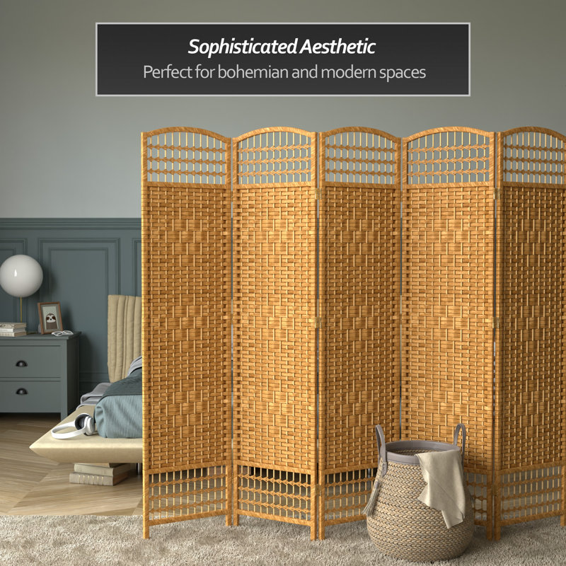 67" x 64" Weave 5 Panel Room Divider, Light Beige, 6