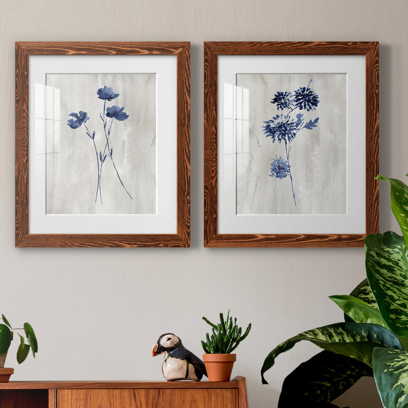 Indigo Botanical III - ensemble de 2 reproductions d'impressions, H 24 po x l 36 po x P 1,5 po, Papier avec cadre érable