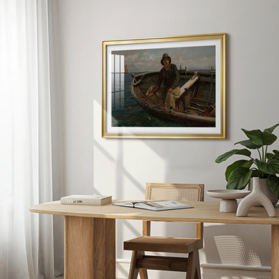Pêcheur dans une barque, Gœrren (Rügen) - Hans Gude - reproduction encadrée avec passe-partout et verre - 1882