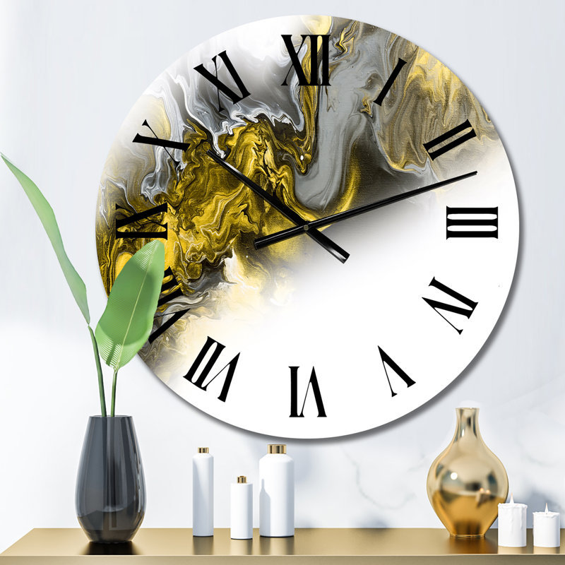 Horloge murale moderne en marbre jaune et gris sur fond blanc, Petit