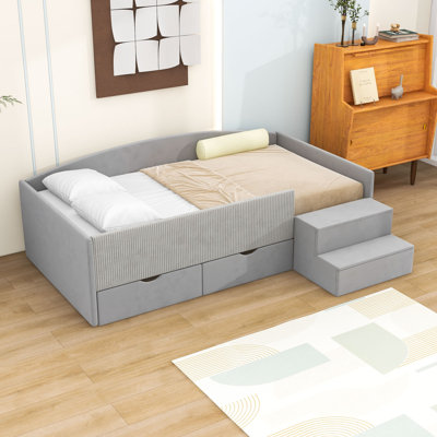 2 Drawers Upholstered Daybed Frame with Wooden Slats Support