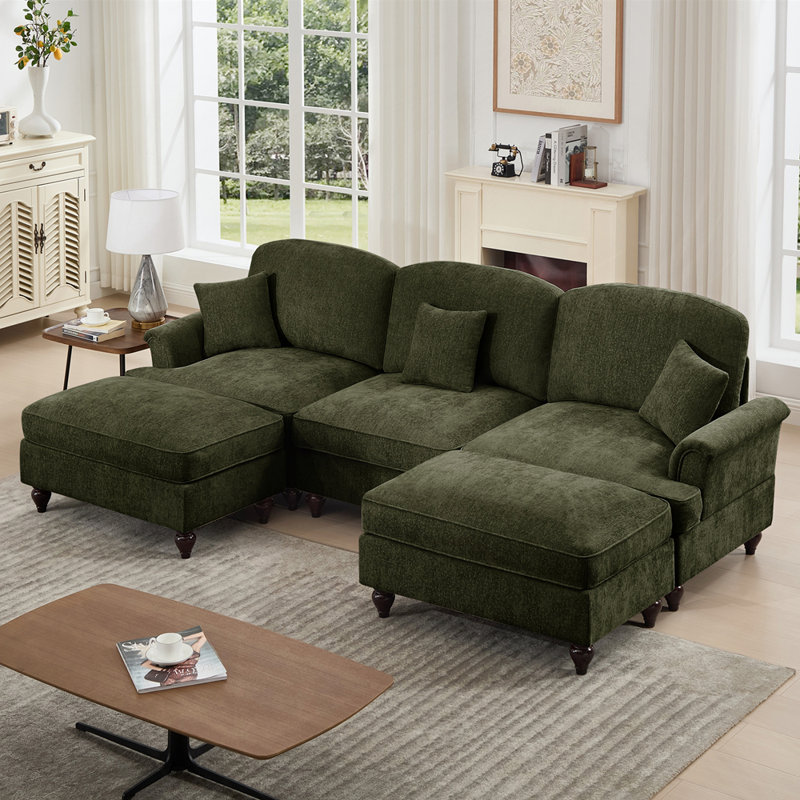 Élégant canapé Mid-Century 3 places avec 2 repose-pieds, Vert, H 36,6 po x l 107,1 po x P 55,1 po