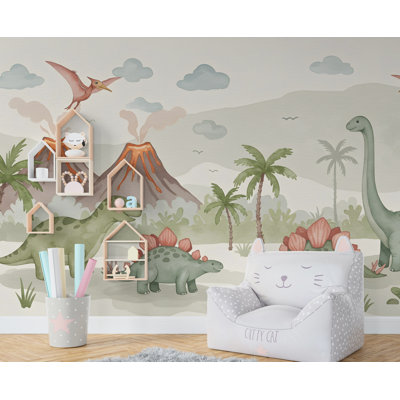 Dinosaur Wall Decal | Watercolor Dino Wallpaper | Prehistoric Wall Mural For Kids Room Nursery | T-Rex Jungle Decor 587RS (Non-Woven) RS587