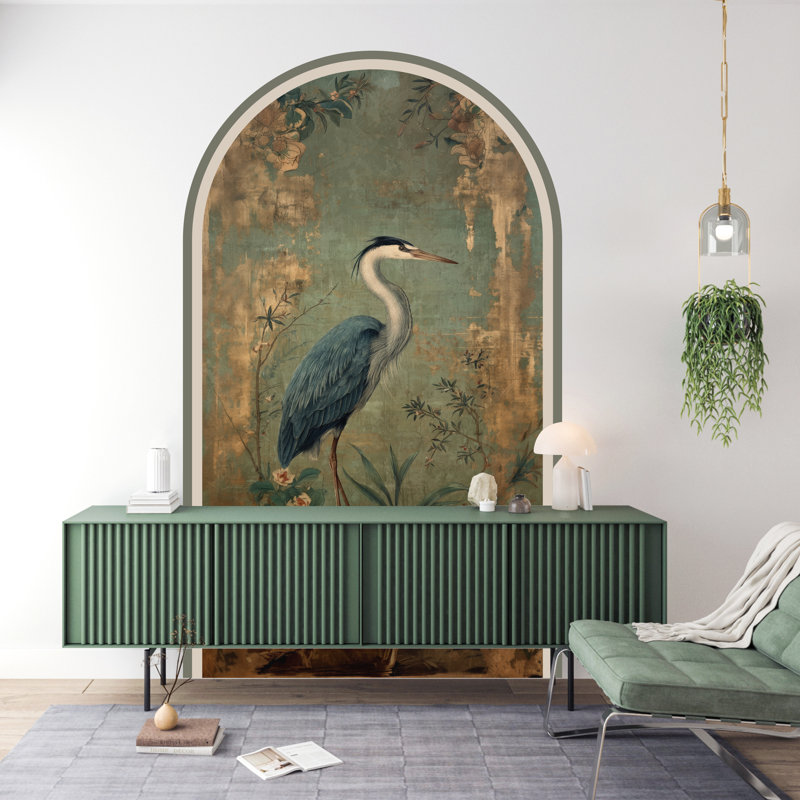 Adhésif décoratif arche rétro Heron - Papier peint adhésif amovible avec chinoiserie botanique, H 71 po x l 40 po