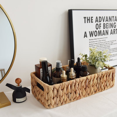 Wicker Storage Basket with Built-in Handles, Rectangular Bathroom Organizer for Toilet Tank, Vanity, Decor, Kitchen