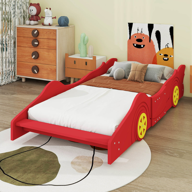 Lit plateforme en forme de voiture avec roulettes, Rouge, Simple