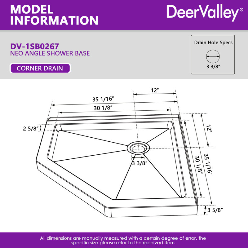  DeerValley 35" L x 35" W Neo-Angle Single Threshold Shower Base, White Acrylic Showe Base for Alcove Shower Space,Corner Shower Base