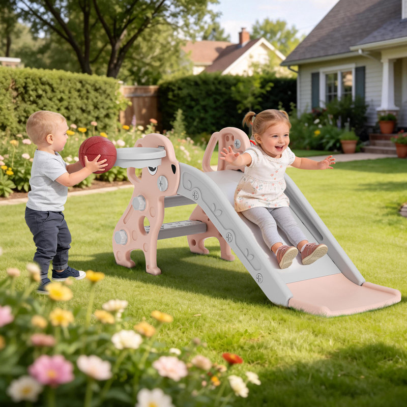 Ensemble de jeu 4-en-1 pour enfants avec glissade pour tout-petits d'intérieur, extérieur et pliable, Rose pastel