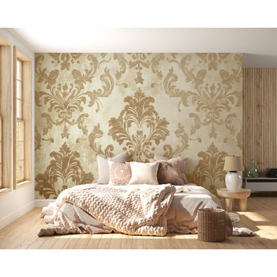 Beige Vintage Damask Wallpaper – Textured Classic Baroque-Inspired Pattern Wall Mural – Elegant Neutral Wallpaper For Living Room, Entryway, Or Office Decor