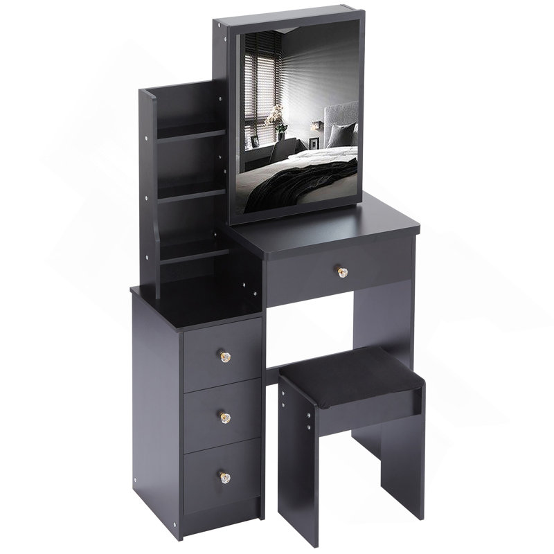 Compact And Stylish Bedside Cabinet Set With Extra Large Mirror And Abundant Storage, Black