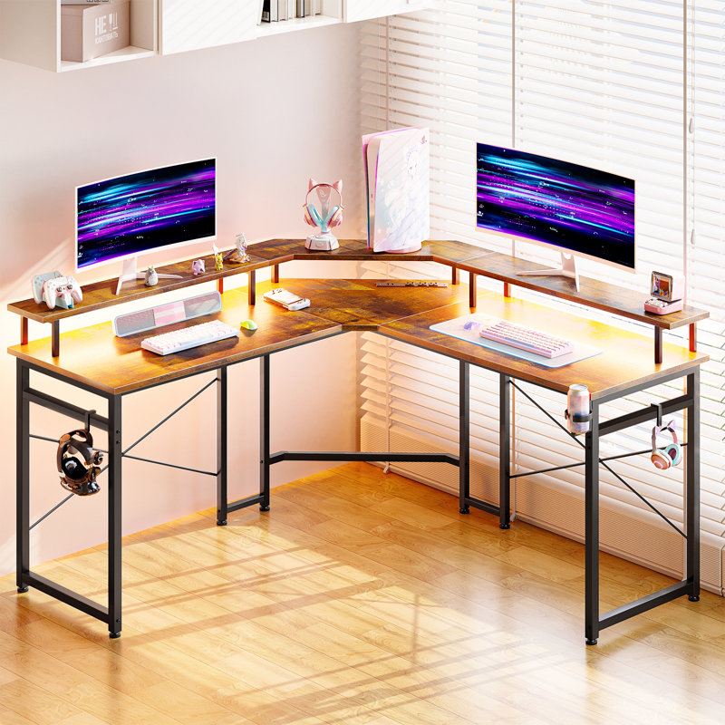 Israa L-Shaped Metal Base Computer Desk with Power Outlet, Rustic Brown/Black
