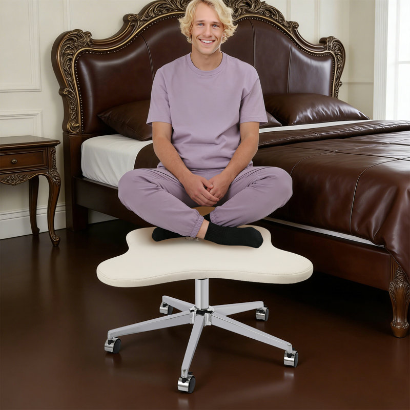 Height-Adjustable Cross Legged Office Chair With Wheels, Ivory White